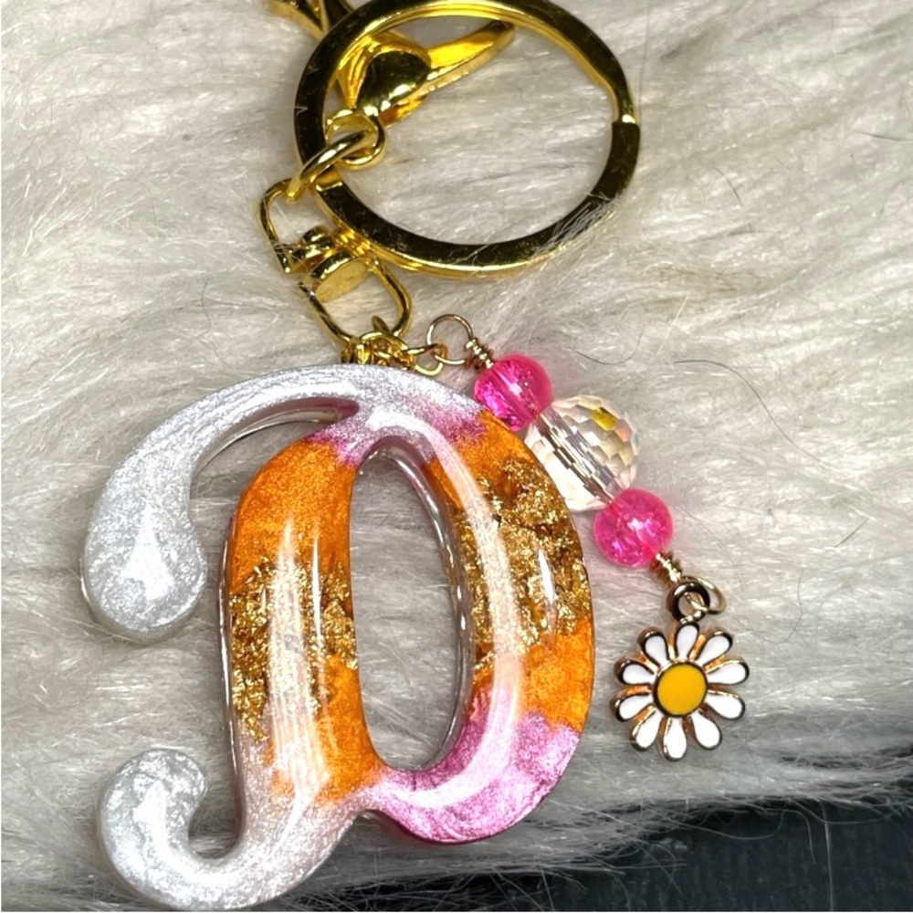 Custom Orange Cream and Pink Letter “D” Keychain with Daisy Charm - Picture 5 of 12
